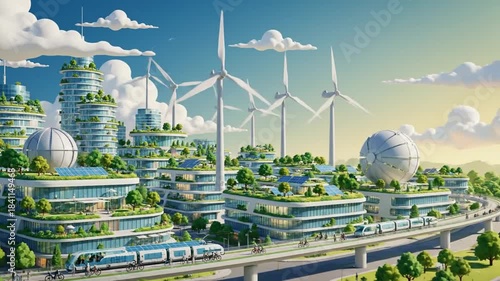Futuristic city with solar panels, wind turbines, green buildings, and electric transport against a sky
