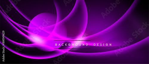 Abstract purple waves form dynamic background. Smooth curves create elegant, modern visual effect. Dark space emphasizes bright lines.