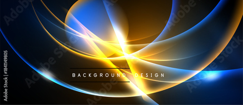Abstract design features vibrant blue, gold curves. Dynamic light effects create modern background. Text reads background design.