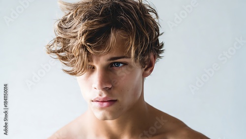 Close-up portrait of a thoughtful young man with wavy blonde hair and blue eyes, looking away from the camera.