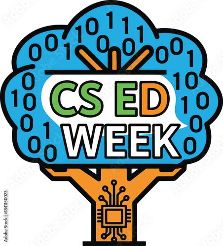 Computer science education week logo featuring a tree with binary code leaves and a television screen, Generative Ai