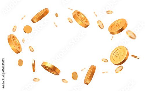 3d flying golden New Taiwan Dollar coins with a different angles. Stock vector illustration on isolated background.	