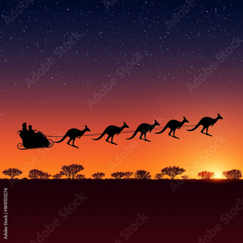 six kangaroos pulling Santa's sleigh across a starlit Australian summer evening sky