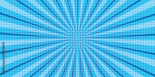 Comic background. Pop art texture. Starburst cartoon style. Anime design with explosion effect for print. Fun dot pattern. Blue backdrop with halftone gradient. Funny line frame. Vector illustration