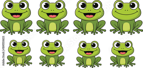 Cute Cartoon Frog Character Vector Set: Happy Green Amphibians with Different Facial Expressions