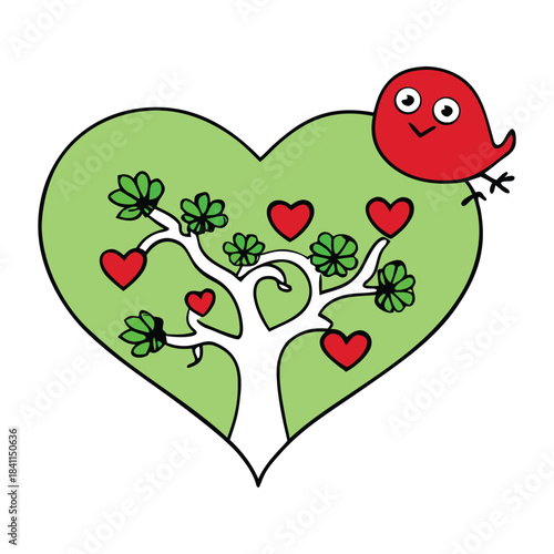 A charming heart-shaped tree blooms with delicate branches, while little birds perch and flutter around it, creating a sweet, romantic scene full of warmth, love, and serenity.
