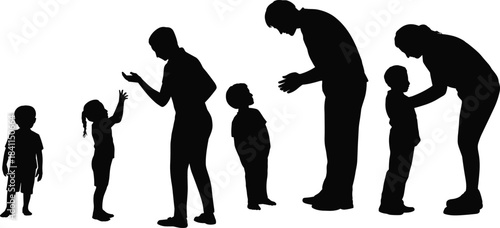 Adult and Child Interaction Silhouettes – Black Figures Depicting Parenting, Teaching, and Emotional Connection for Education and Design Use