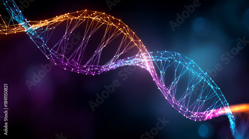 Blue DNA double helix with water molecule blue background. Human genetic research DNA, laboratory environment. Abstract image of human genetics, which glowing DNA strands merge with digital elements