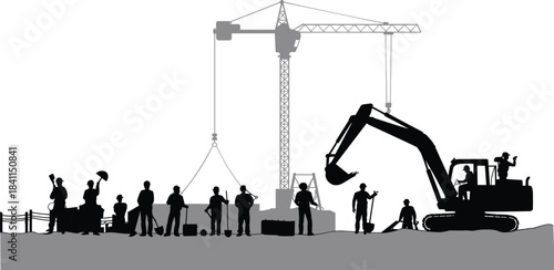 Construction Site Silhouette Scene – Crane, Excavator, and Workers with Tools and Materials for Infrastructure, Labor, and Design Use