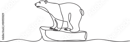 Continuous line art of a polar bear standing on an ice block in a minimalist single-line style, simple arctic wildlife vector illustration