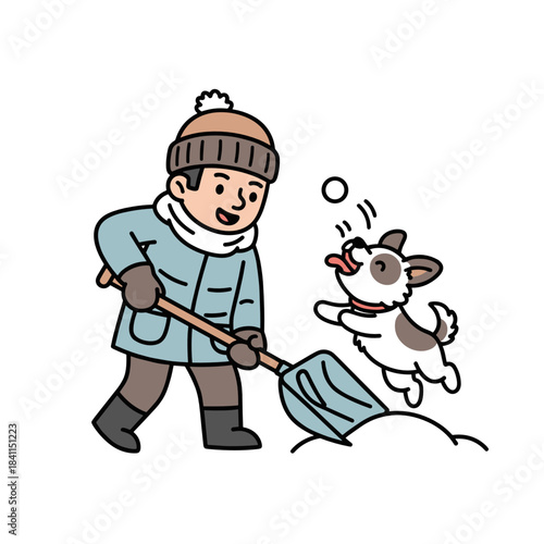 Man shoveling snow from the driveway at home with playful dog  