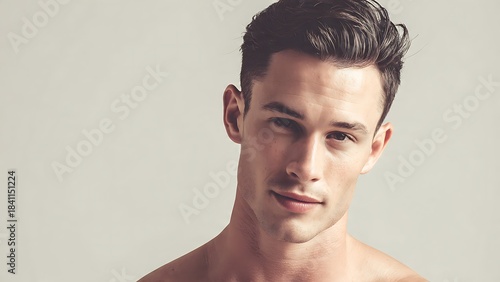 Close-up portrait of a handsome young man with dark hair and a confident expression.