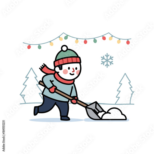 Man shoveling snow from the driveway at home with Christmas lights  