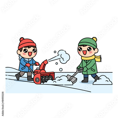 Two children shoveling snow and using snowblower in winter landscape  