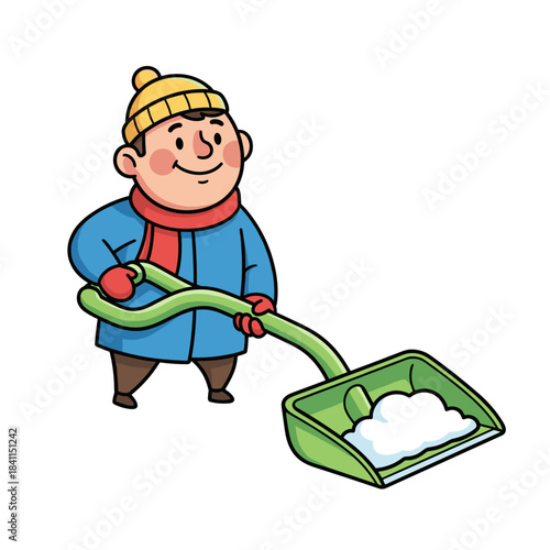 Man shoveling snow with ergonomic shovel while smiling outdoors  