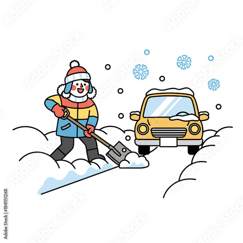 Man shoveling snow from the driveway at home with a yellow car  