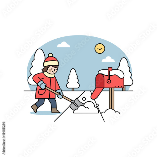 Man shoveling snow from the driveway at home in winter  