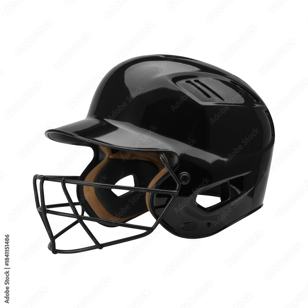 Fototapeta premium Black baseball batting helmet with protective face cage and brown padding isolated on a transparent background