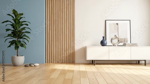 Modern interior design featuring a large plant, wooden panel, and clean decor