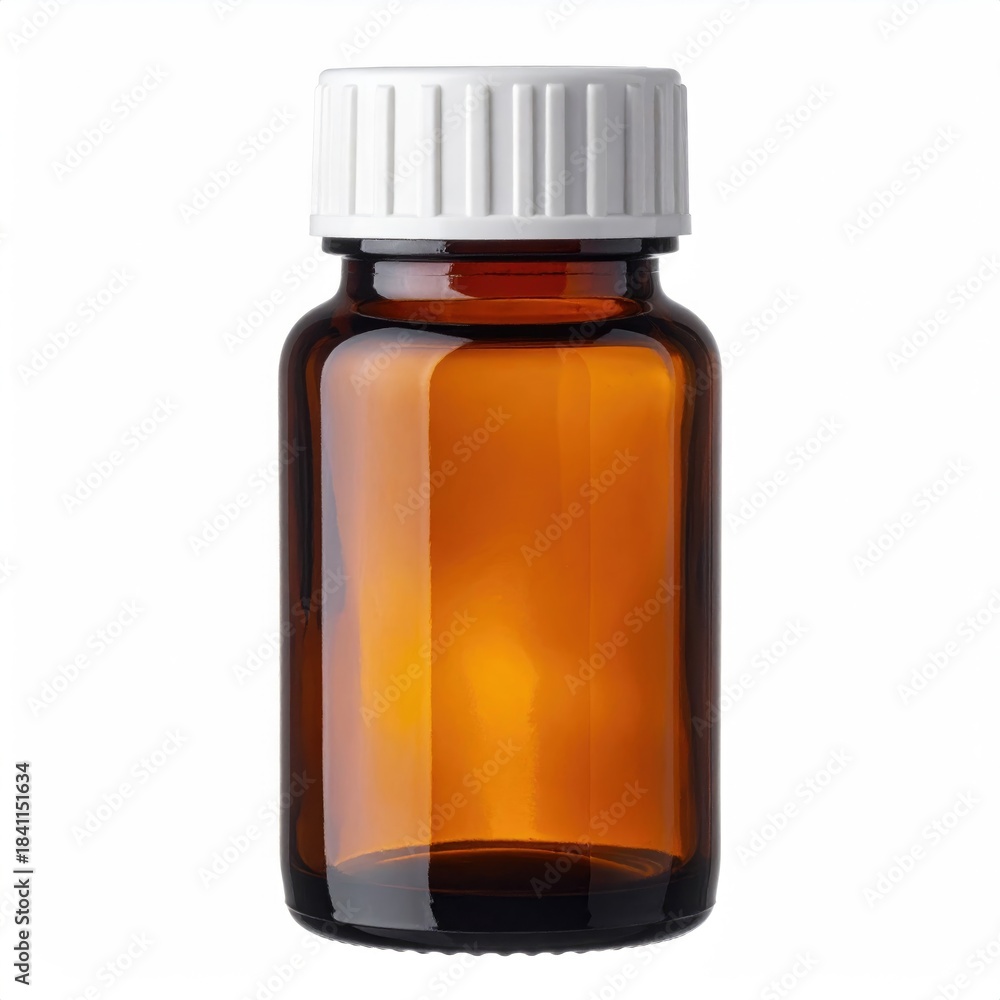 Fototapeta premium Amber glass bottle with ribbed white cap, simple style