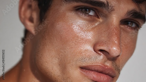 Close-up portrait of a handsome young man with radiant, dewy skin and a subtle, confident expression.