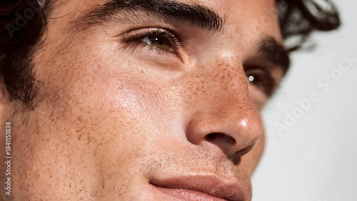 Close-up portrait of a young man's face, highlighting natural freckles, healthy skin, and subtle expression.