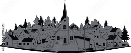 Village Scene with Church and Forest – Rural Architecture Silhouette Featuring Homes, Trees, and Circular Layout for Design and Cultural Use