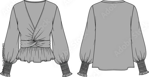 Women’s Blouse Technical Fashion Drawing – Front and Back Silhouette with Knot Detail, Ruffle Hem, and Smocked Sleeves