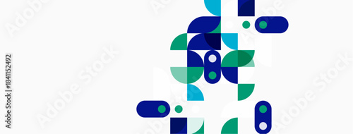 Abstract geometric shapes, blue, green hues dominate white background. Modern design, simple composition, clean aesthetic.