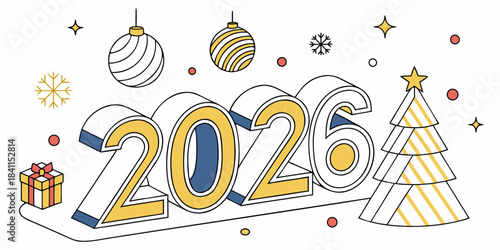 Holiday greeting vector with Merry Christmas and Happy New Year 2026, geometric triangles, Christmas tree, snow, and decorative ornaments in modern style.