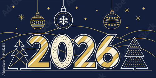 Vector illustration of Merry Christmas & Happy New Year 2026 in geometric style, featuring triangle pattern, Christmas tree, balls, snow for festive design.