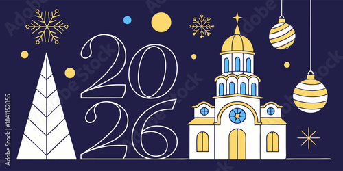 Holiday cover design featuring Merry Christmas and Happy New Year 2026, geometric triangles, Christmas tree, balls, and snow in modern vector style.