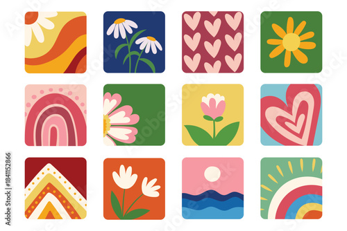 Vibrant Retro Style Nature and Abstract Art Set