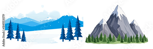 Stylized winter mountain landscape and snowy peaks with pine trees