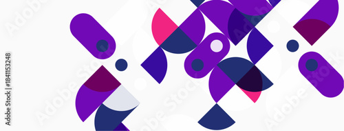 Abstract geometric shapes, purple hues, white background. Overlapping forms create dynamic visual texture. Modern design elements present.