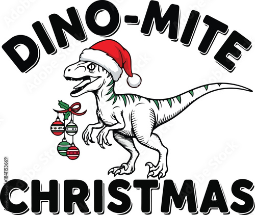 A festive dinosaur wearing a santa hat holds christmas ornaments for a dino mite christmas celebration, Generative Ai