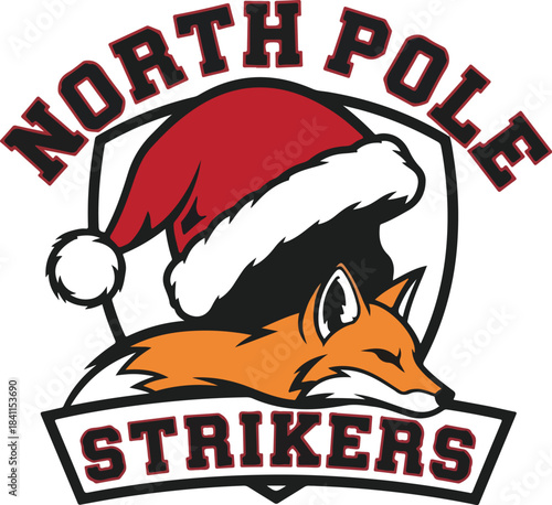 North pole strikers logo featuring a festive fox wearing a santa hat, Generative Ai