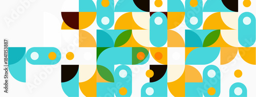 Abstract geometric pattern. Shapes overlap, creating colorful composition. Blue, yellow, brown dominate design. Minimalist aesthetic.