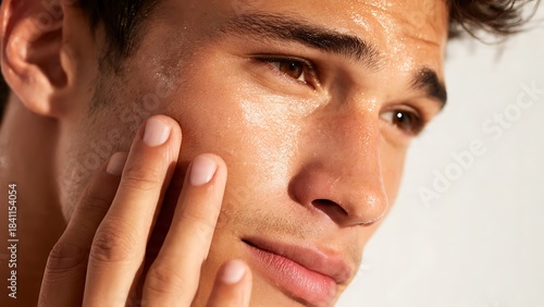 Close-up of a handsome young man gently touching his smooth, radiant cheek with his fingers.