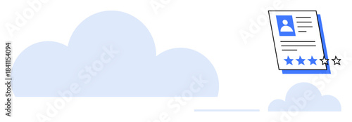 Profile card featuring user avatar, text details, and star rating floating above stylized clouds. Ideal for recruitment, reviews, performance, assessment, digital identity, ranking simple flat