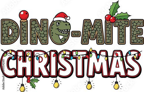 Dino mite christmas text with festive decorations and santa hat adornments, Generative Ai
