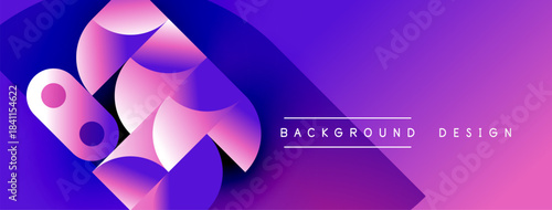 Abstract geometric shapes blend purple, pink hues. Modern design suggests technology, innovation, vibrant energy. Background features gradient effect.