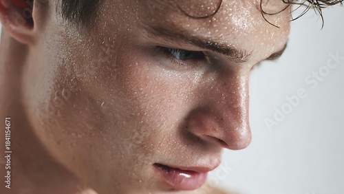 Close-up portrait of a young man with glistening, sweaty skin and damp curly hair, looking downwards.