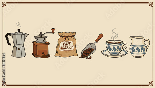 Six hand-drawn coffee preparation elements are neatly arranged in a charming, rustic illustration, showcasing the journey from bean to steaming cup