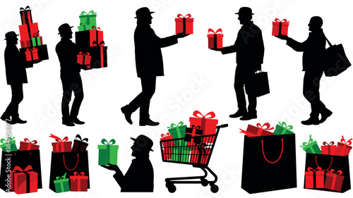 Black silhouettes of male shoppers carrying stacks of red and green presents, holding gift boxes, and using a shopping cart during a festive holiday sale season