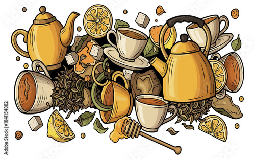 Detailed tea time illustration collage featuring teapots, cups of hot beverage, lemon slices, sugar, and honey in a colorful hand-drawn doodle style