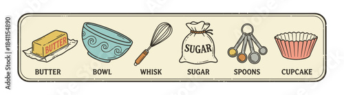 Vintage style illustration set of baking ingredients and tools including butter, a bowl, whisk, sugar, measuring spoons, and a cupcake liner in a retro hand-drawn style