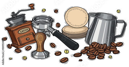 Collection of barista tools for making coffee, including a grinder, portafilter, tamper, frothing pitcher, and paper filters, in a detailed hand-drawn illustration