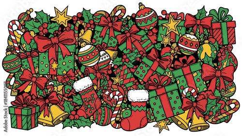 Festive hand-drawn Christmas doodle illustration of colorful presents, ornaments, stockings, and candy canes arranged in a dense, celebratory pattern