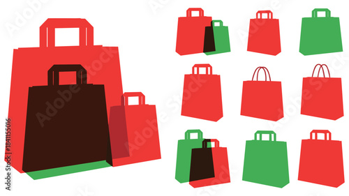 Collection of red and green shopping bag icons in a flat graphic style for retail and holiday themes, featuring various sizes and overlapping transparent colors